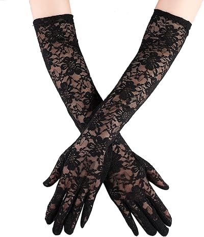IRYNA Long Lace Gloves Black Elbow Length Opera Silk Hand Sleeves