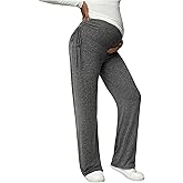 OYOANGLE Women's Maternity Drawstring Side Straight Leg Pants High Waisted Pregnancy Yoga Lounge Trousers