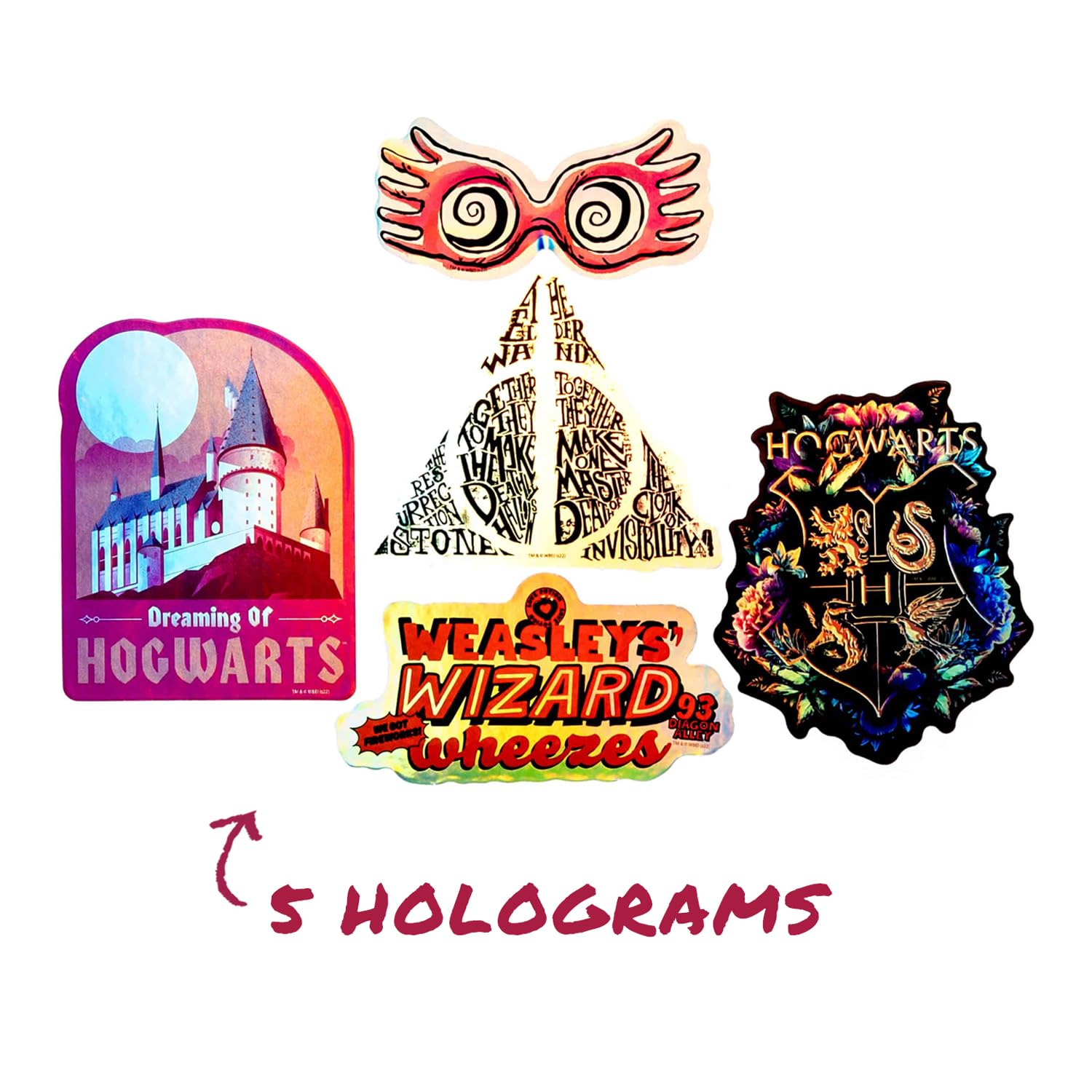 Conquest Journals Harry Potter Variety Vinyl Decals, Set of Unique Decal Stickers, 5 Holograms, Waterproof, UV & Scratch Resistant, Great for Gadgets, Officially Licensed (White Vinyl, 60-Pack)