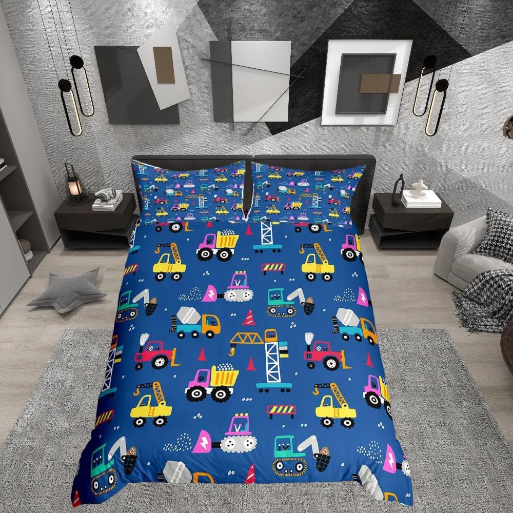 Loussiesd Cartoon Construction Bedding Set Kids Excavator Duvet Cover for Kids Boys Vehicles Comforter Cover Tractor Blue Duvet Cover Double Size — image 1