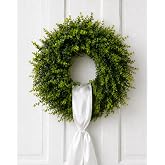 26 Inch Large Boxwood Wreath for Front Door, Artificial Greenery with Sash | Large boxwood wreath with sash, waterproof UV-resistant greenery for front doors, indoor/outdoor use and year-round decor.