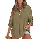 RITERA Plus Size Womens Waffle Knit Tops V Neck Henley Shirts Button up Blouse Long Sleeve Long Tunic Top