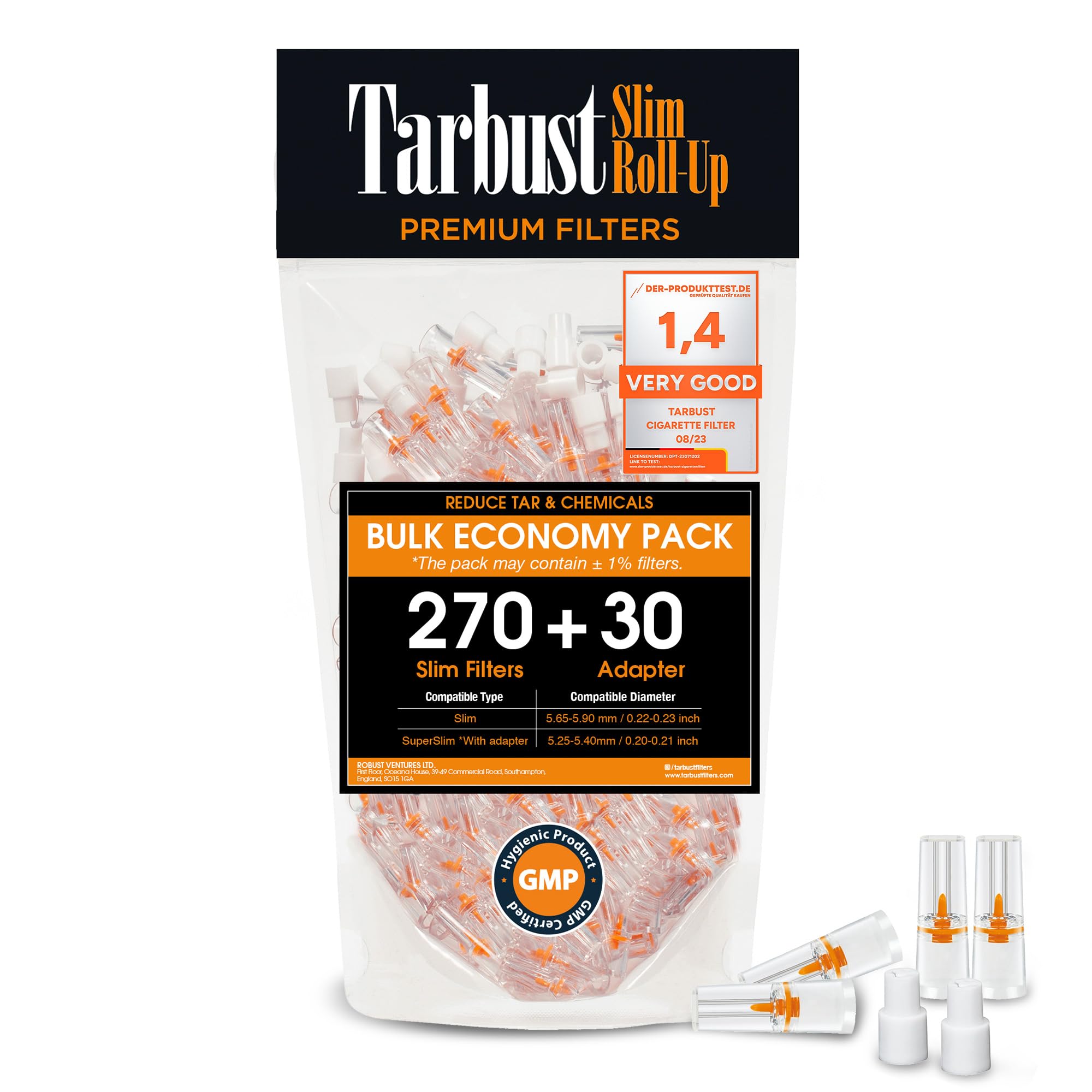 Photo 1 of Tarbust Slim Disposable Cigarette Filter Tips That Remove Tar and Chemical, For Slim&Roll-ups, Bulk Economy (270 Filters+30 Adapters to convert to Super Slim)