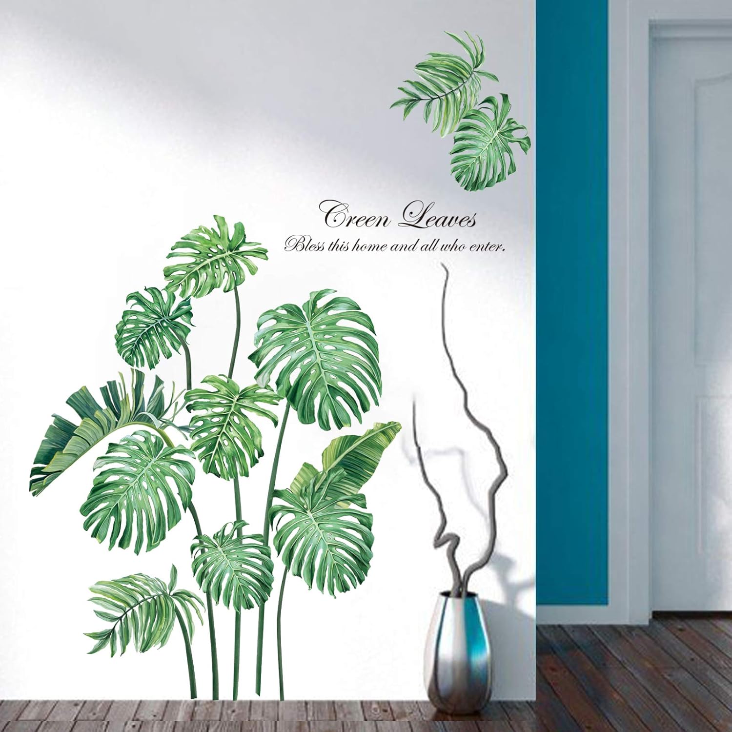 decalmile Green Tropical Leaf Wall Stickers Plants Wall Decals Bedroom Living Room Wall Art Decor - Image 3