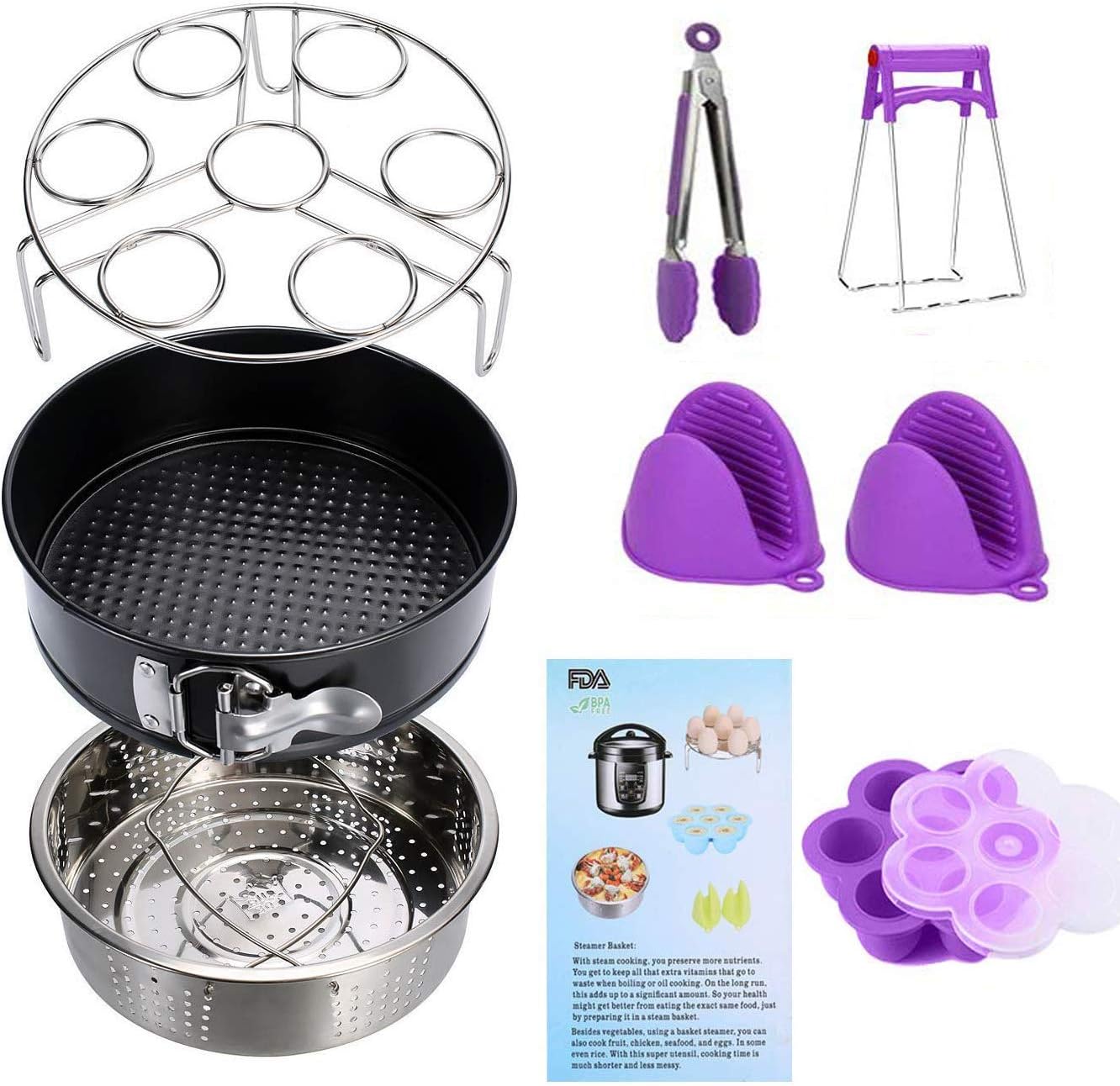 Instant Pot Accessories Set 8 Pcs 5,6,8Qt Steamer Basket Non-Stick Springform Pan, Steamer Basket, Egg Steamer Rack, Silicone Kitchen Tongs, Mini Mitts Fits 5,6,8Qt Instant Pot Pressure Cooker(purple)