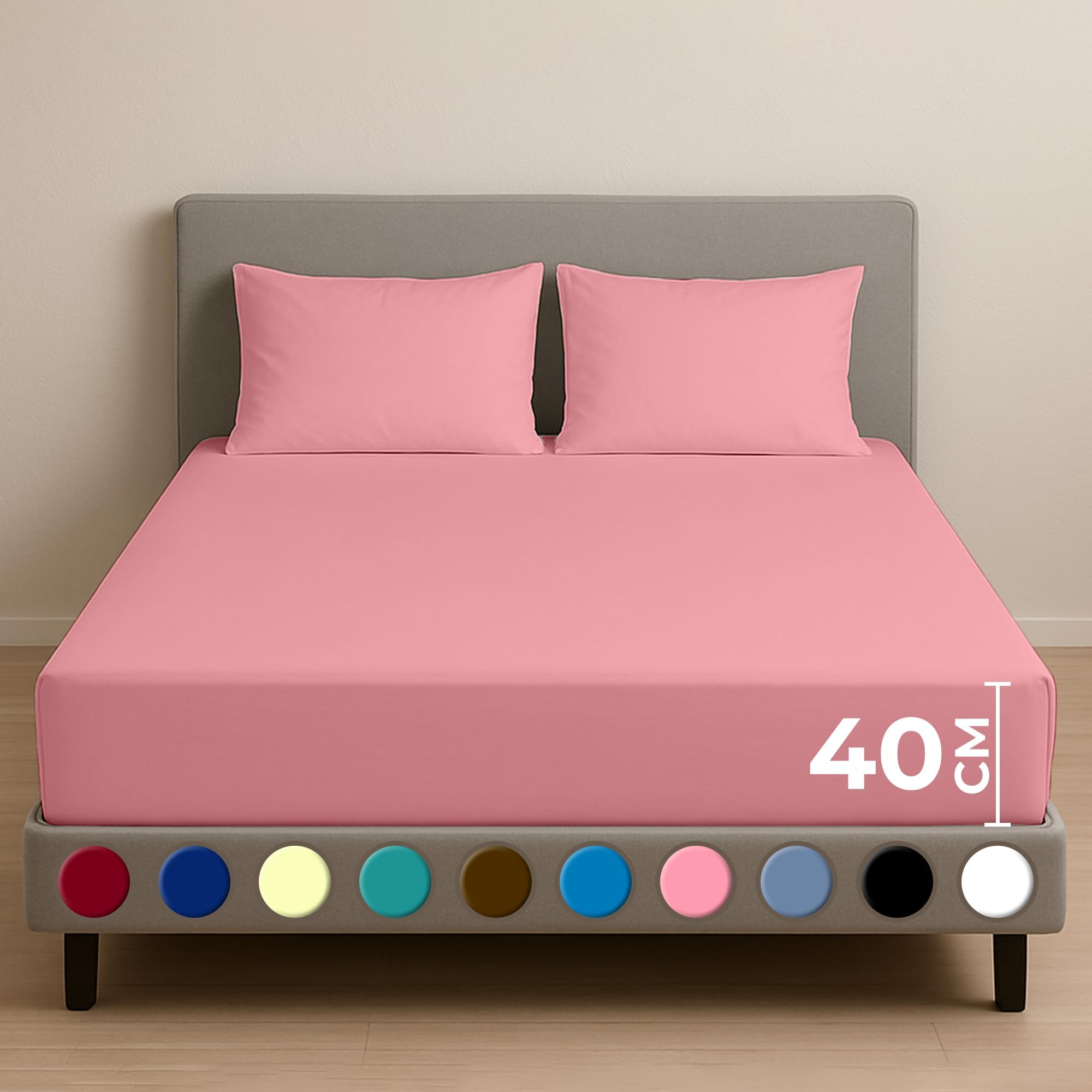 Rohi 40cm Extra Deep Fitted Sheets 4FT – Soft, Breathable & Anti-Allergy Cotton Blend Fitted Sheet – Elasticated Corners – Wrinkle-Resistant & Easy Care Fitted Bed Sheets (Pink, Small Double) — image 1