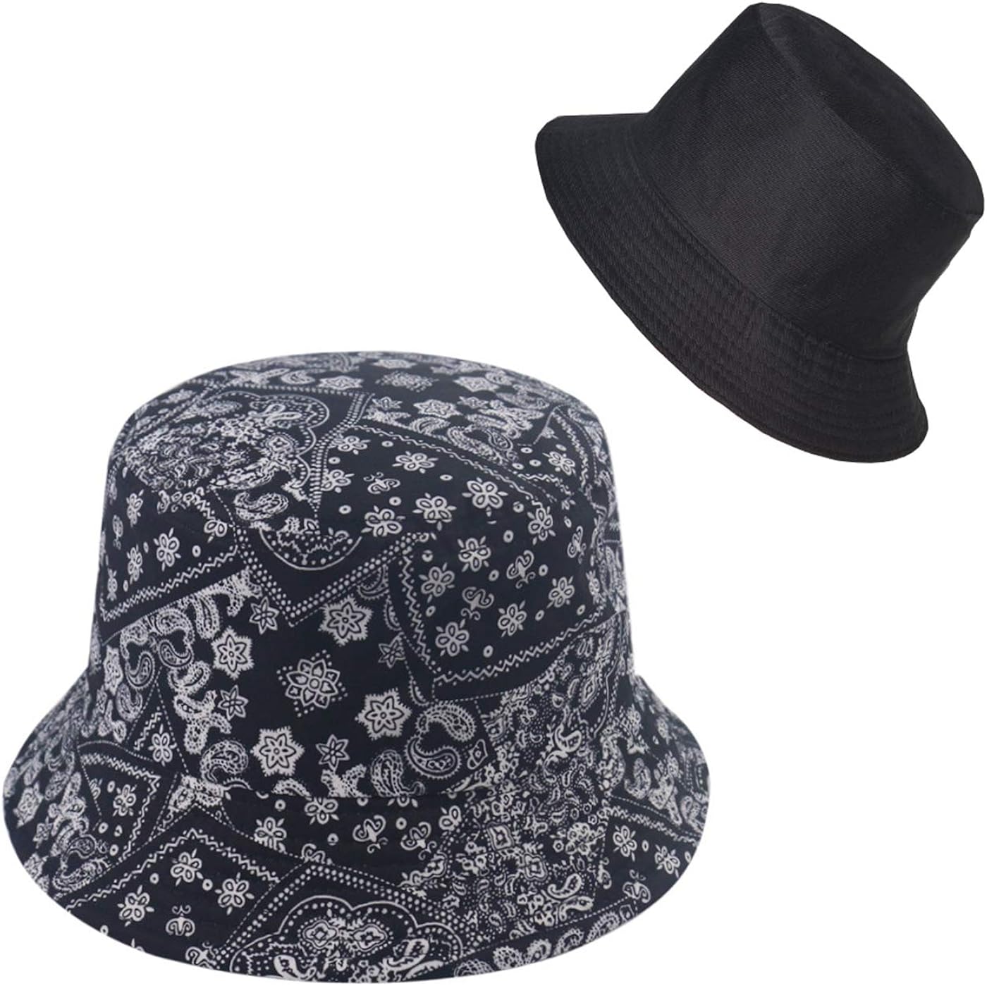 Bucket Hats for Women, Summer Print Double-Side-Wear Fishing Hats Outdoor Beach Caps (Cashew Black Flower): Clothing