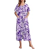 Ekouaer Women Long House Coat Zipper Front Robes Full Length Nightgowns with Pockets Striped Loungewear S-4XL