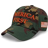 America 1st Camo Hat - Orange Embroidery Adjustable Camoflauge Dad Cap - Patriotic USA First American Flag Hat
