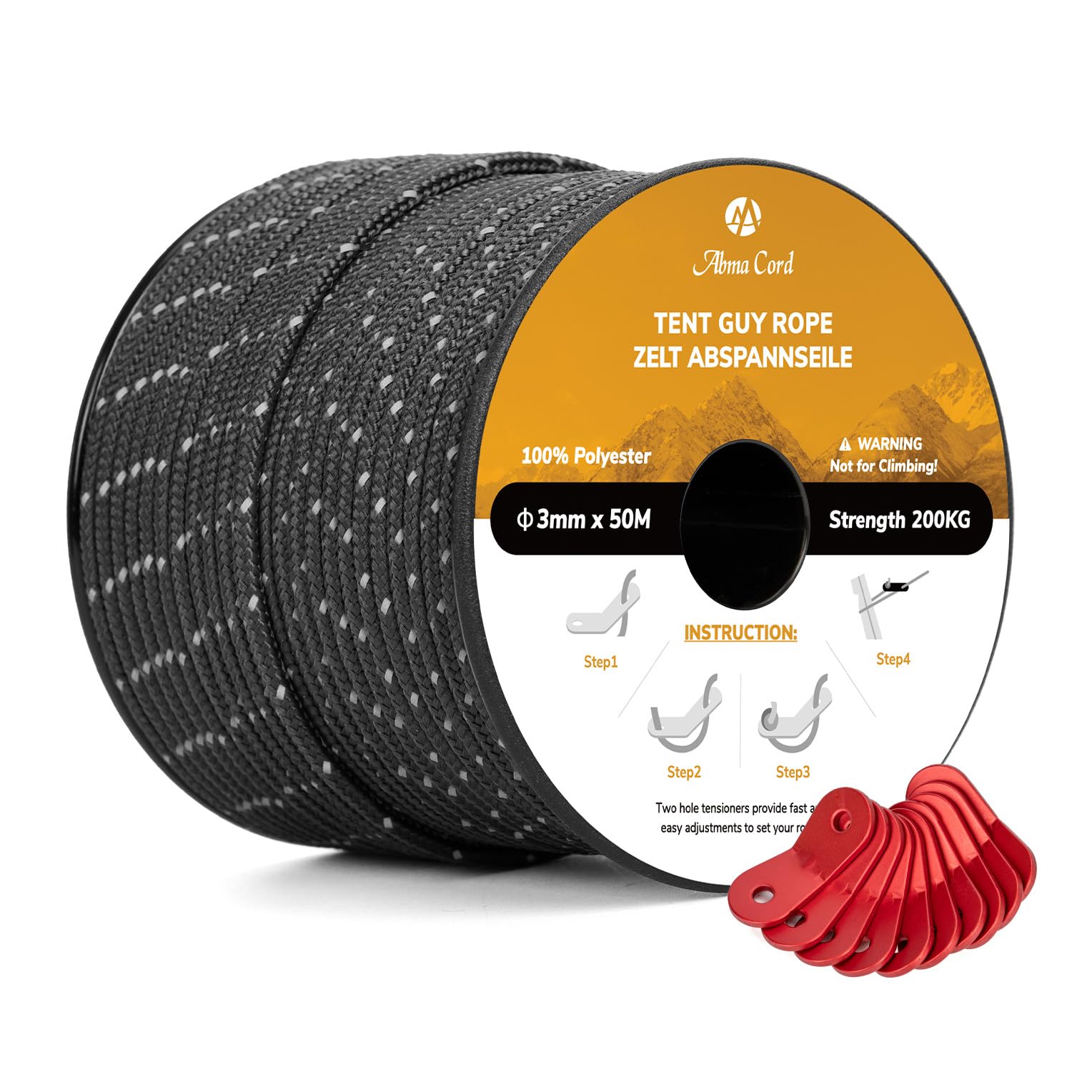 Abma Cord Tent Guy Ropes 3mm 50M Guy Line 10 Pcs Guy Rope Tensioners Heavy Duty Guide Rope for Camping, Gazebos, Awning, Tarp - Reflective Black