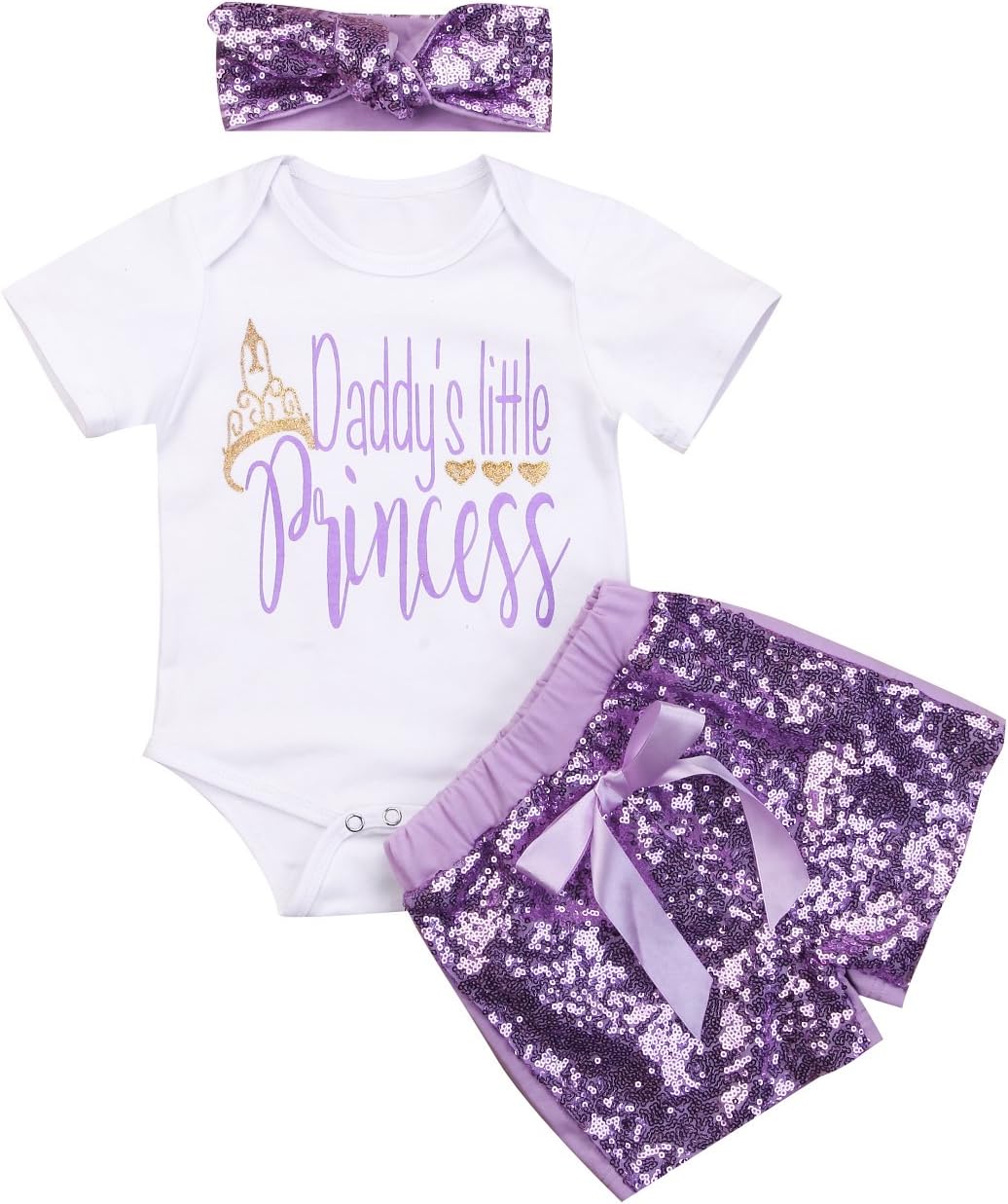 Mornbaby Summer Baby Girls Romper+Sequins Shorts Set Daddy's Princess 3pcs Outfit Clothes
