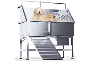 NUWJBYE 46" Dog Washing Station, Professional Stainless Steel Dog Bathtub for Large, Medium & Small Pet. Height Adjustable Grooming Tub W/Drawer, Ramp, Floor Grate & Fauct(Left Ramp)
