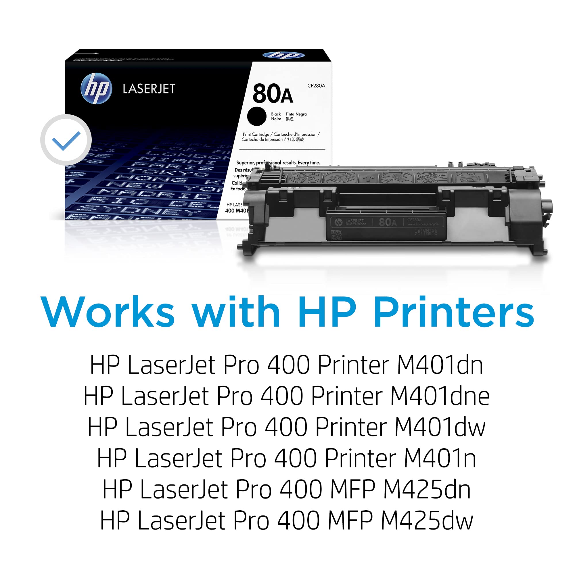 HP 80A Black Toner Cartridge for HP Printers | Works with Printer Series: LaserJet Pro 400 M401, LaserJet Pro 400 MFP M425 | CF280A