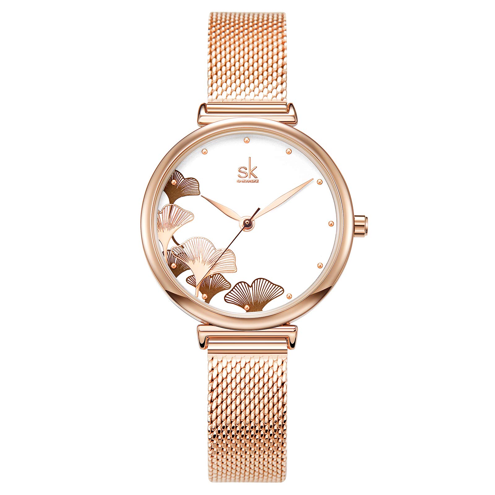 SK SHENGKE Female Mesh Watches Simple Face Stainless Steel Back Case Fashion Ladies Wristwatch (0139 Rose Gold)