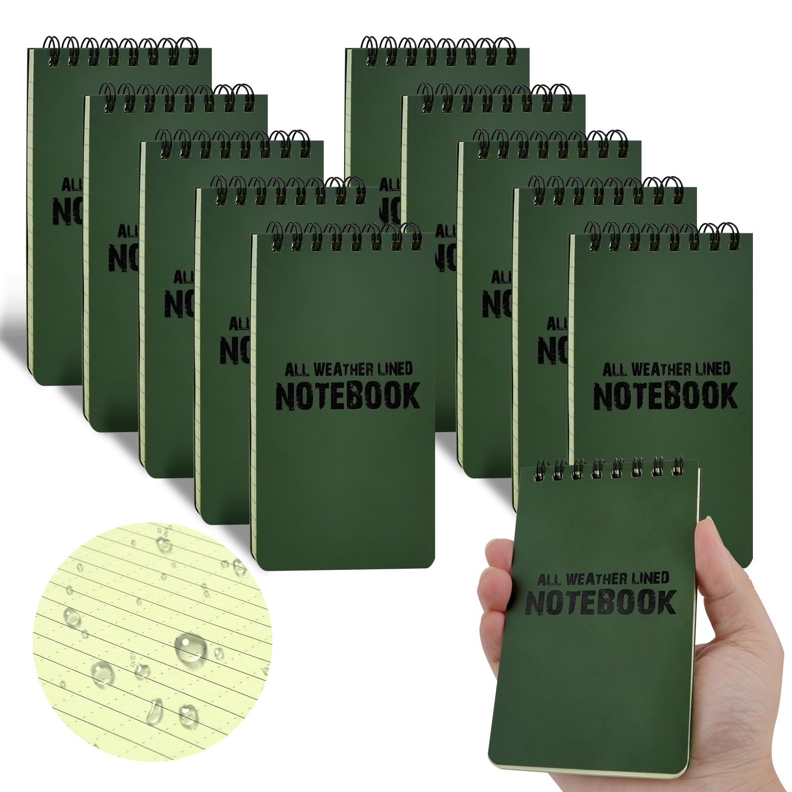 MOAMUN 10 Pack Waterproof Notebook, Multipack Small Notebooks Pocket Size Notebook Pocket Top Spiral Note-Pad Green Grid Paper Eye Protection for Reporter Outdoor Activities Recording(3.2 x 5.5 in)