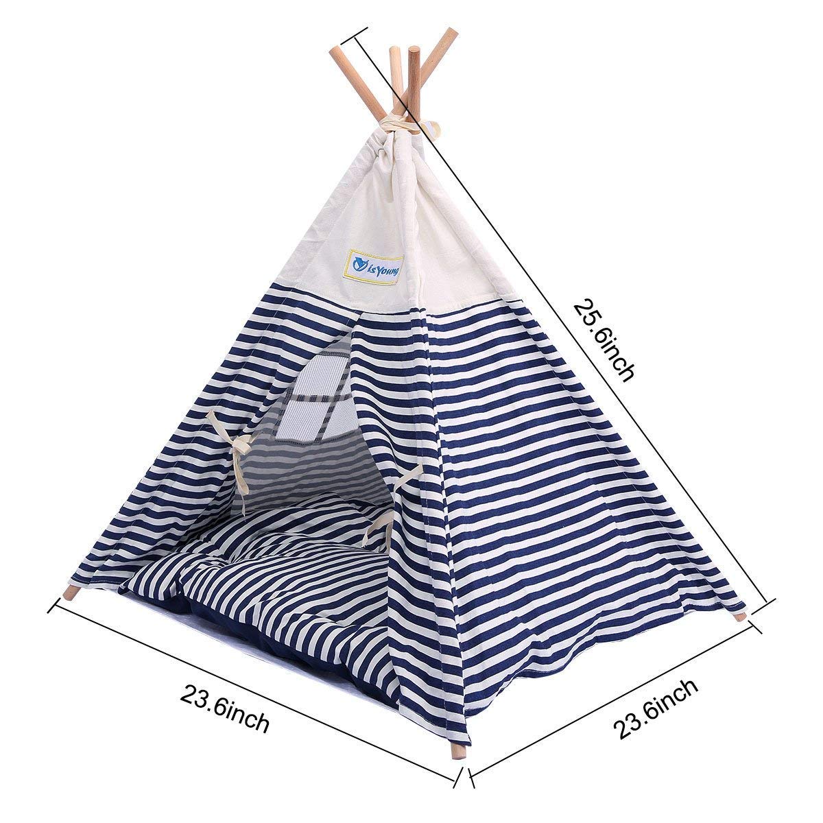 isYoung Pet Tent Bed, Pet Teepee House for Cats and Little Dogs Washable Navy Stripe Style with Breathable Mesh Window - Come with A Mat, Used All Year