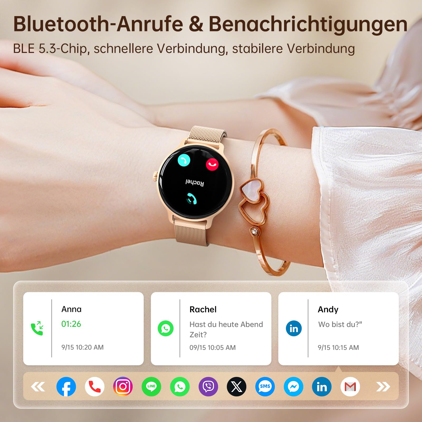 Smartwatch Damen Rund, 1.27" AMOLED Smart Watch mit Telefonfunktion, Fitnessuhr mit Pulsuhr Schlafmonitor Schrittzähler, 120+ Sportmodi Sportuhr IP68 Wasserdicht, Uhren Damen für Samsung iOS Android 2