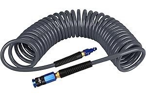 EADUTY Heavy Duty Polyurethane Recoil Air Hose 1/4 in x 25 ft, Lightweight, Flexible Compressor Hose with Universal Quick Coupler, Plug and Bend Restrictors, Gray
