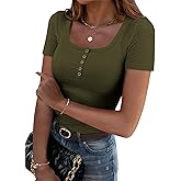 Zeagoo Womens Summer Tops Short Sleeve Shirts Ribbed Knit Square Neck Tshirt Casual Basic Slim Tee