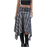 SHENHE Women's Y2k Low Rise Plaid Skirt Ruched Asymmetrical Flowy Vintage Fall Midi Skirt