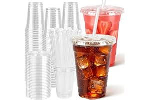 100 Pcs Clear Plastic Cups with Flat Lids and Straws, 12 oz Disposable PET Iced Coffee Cups - Ideal for Ice Coffee, Smoothie,