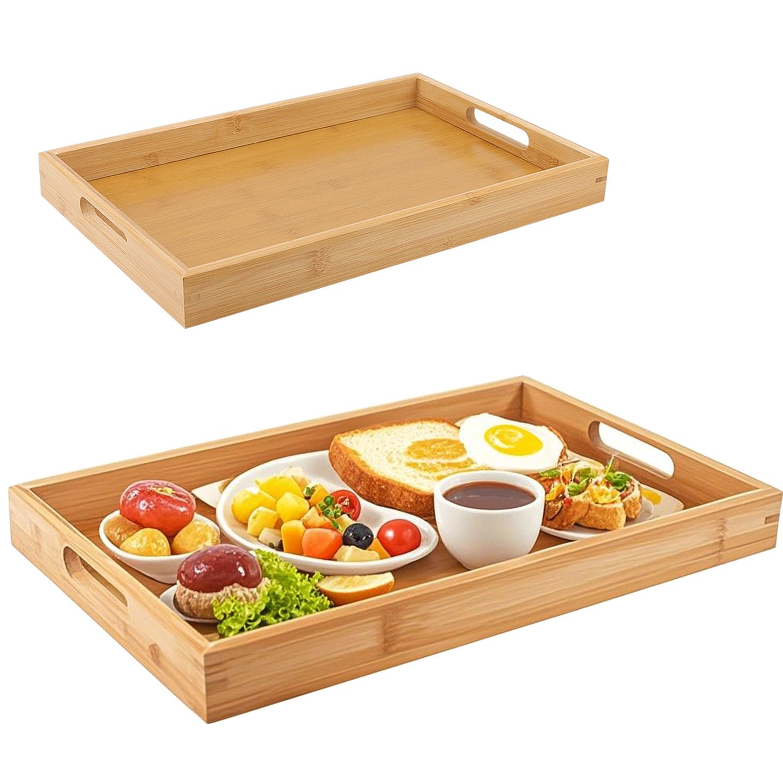 ZOENHOU 2 Pack Large Bamboo Tray with Handles, 41 x 29 x 4cm, 38 x 25 x 4cm, Rectangular Wooden Serving Tray, Breakfast Tray for Kitchen, Tea, Coffee, Parties, Restaurants