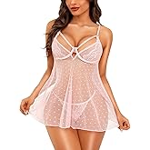 RSLOVE Women Sexy Babydoll Lingerie - Lace Sheer Mesh Sleepwear Polka Dots Bridal Chemise Nightie Dress