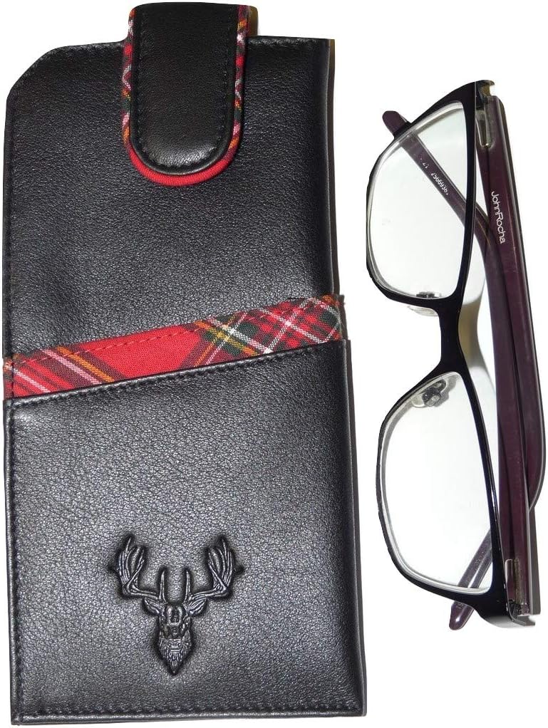 Mala Leather Braemar Glasses case soft leather wide tab top unisex tartan (Black), Wide-fit - Image 5