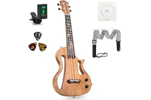 Silent Ukulele, Lotkey 23 Inch Okoume Body Electric Ukulele for Practice or Performances with AMP Output Italian Nylon String w/Tuner Strap & Full Accessories