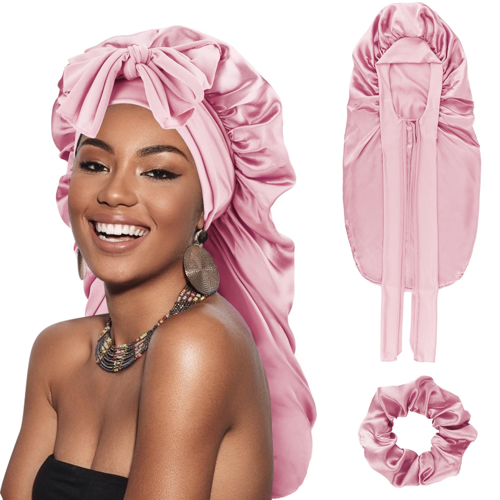 DRESHOW Long Satin Braid Bonnet for Women Silk Bonnet for Sleeping Sleep Cap with Elastic Tie Band Night Cap for Long Curly Hair Locs