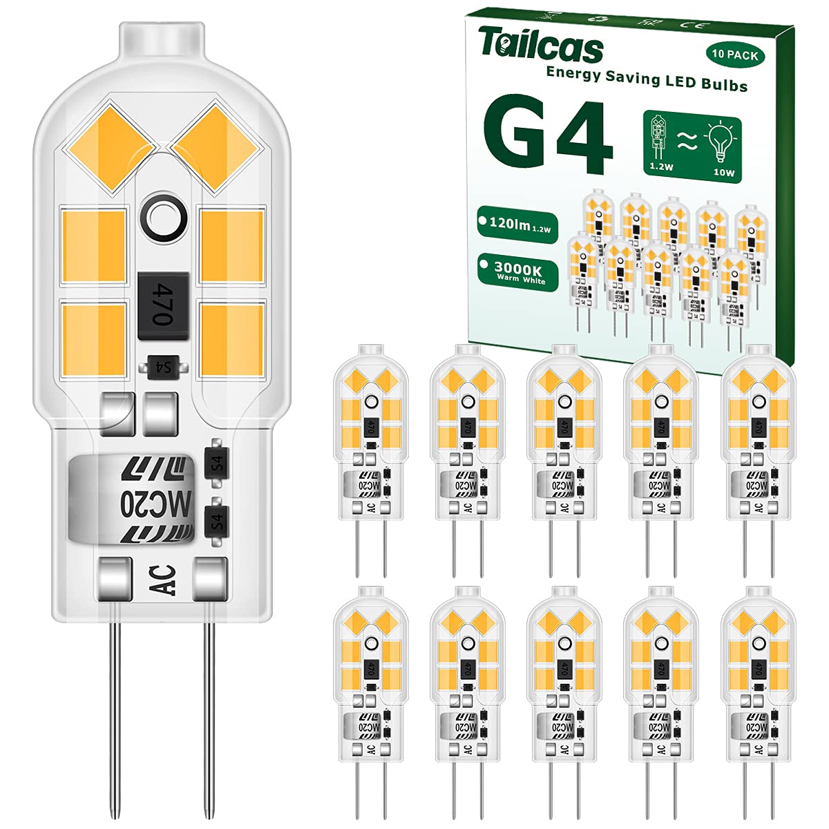 Tailcas G4 LED Light Bulb 12V, 1.2W Equivalent 10W G4 Halogen Lamps, Warm White 3000K, 120LM, No Flickering Energy Saving Capsule Bulb for Chandelier, Wall Sconce(10PCS)