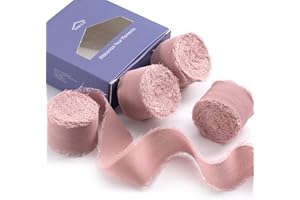 FAKILO Dusty Pink Chiffon Ribbon with Frayed Edge, Silk Chiffon Ribbon 4 Rolls 1'' X 5 Yd for Wedding Invitations, Bridal Bou