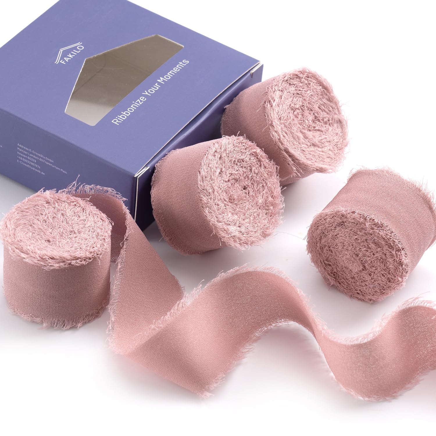 FAKILO Pink Chiffon Ribbon with Handmade Fringe, 4 Rolls 1'' X 5 Yd, 20 Yd Silk Ribbon for Wedding Invitations, Bridal Bouquets, Gifts Wrapping, DIY Crafts