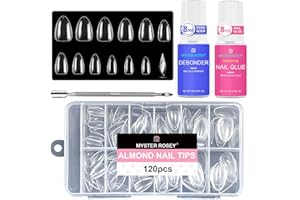 MYSTER ROSEY Nail Art Kit with Glue, Nail Polish Remover, and Short Almond Nails Tips 120pcs, 4 in One Nail Bond Debonder Fake Nails Stainless Steel Stick,1Pack