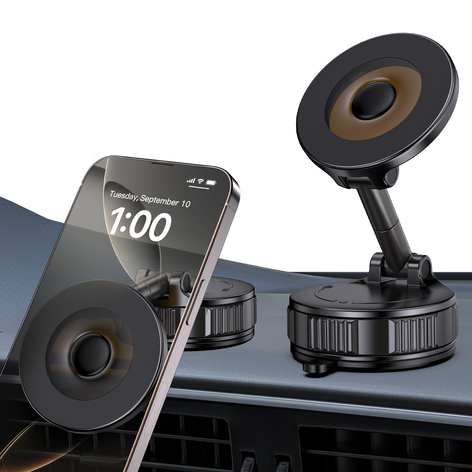 Photo 1 of Light Face Nano Gel Vacuum Magnetic Phone Holder, 360° Adjustable Dashboard Hands-Free Suction Cup Phone Mount for Car/Gym/Mirror/Smooth Surface, Compatible with iPhone and Android (Black)