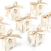 Marspark 50 Pcs Wedding Favor Boxes, 2.5 x 2.5 x 2.5 Inch Wedding Party Candy Boxes with Ribbons Bridal Gift for Guests Bridal Shower Birthday Party Anniversary Supplies(Gold)