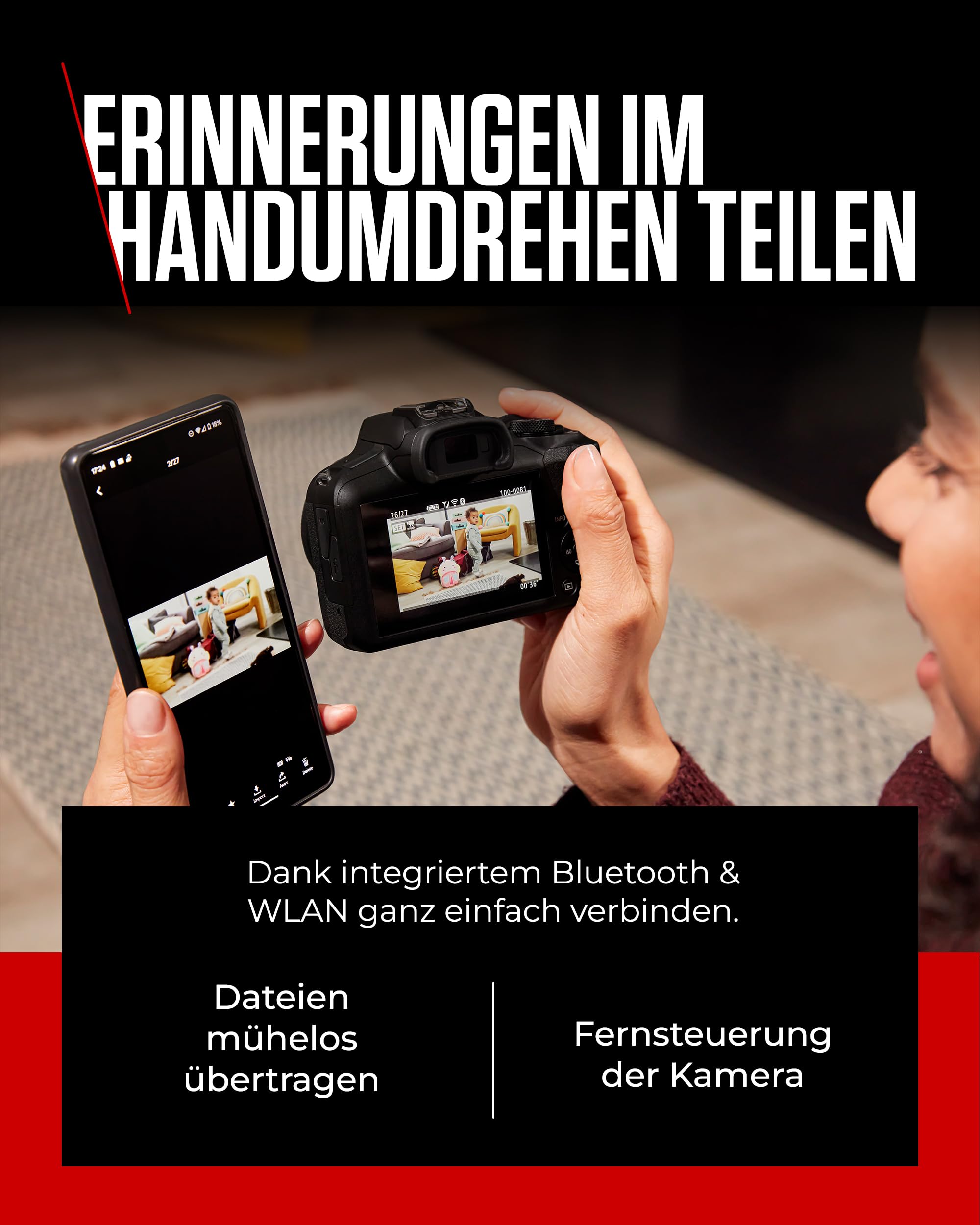 Canon EOS R100 + RF-S 18-45mm F4.5-6.3 is STM Objektiv + Kameratasche + 64GB SD-Karte (Spiegellose Digitalkamera, 4k Videokamera, 24,1 Megapixel, Bildstabilisator, Objektivsteuerring, WLAN) schwarz 6
