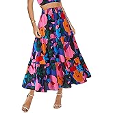 BTFBM Skirts for Women Floral Print Fall Fashion 2026 A Line Elastic High Waist Boho Holiday Maxi Skirt Pockets