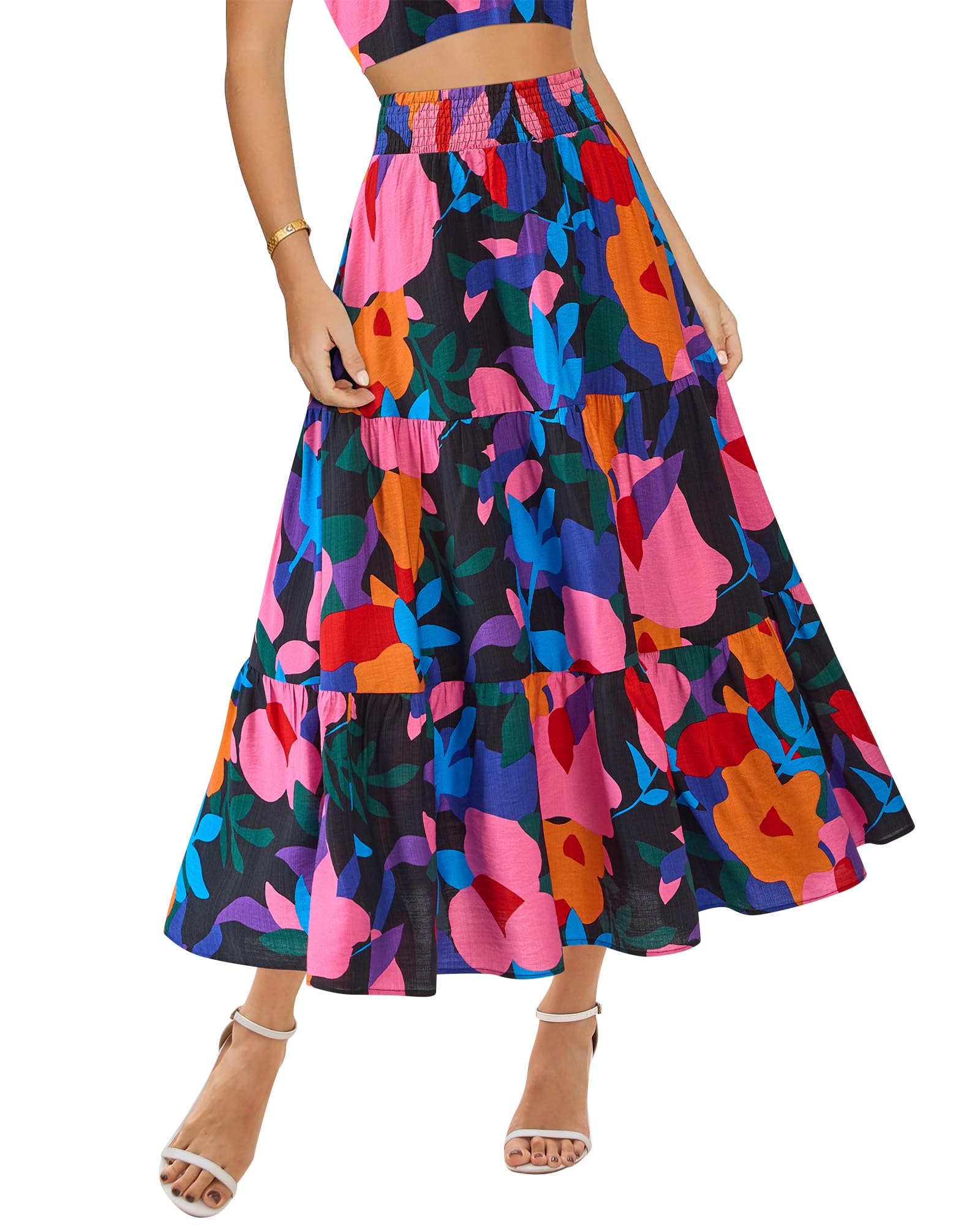 Photo 1 of BTFBM Skirts for Women Floral Print Fall Fashion 2025 A Line Elastic High Waist Boho Holiday Maxi Skirt Pockets(Floral Black, Small)