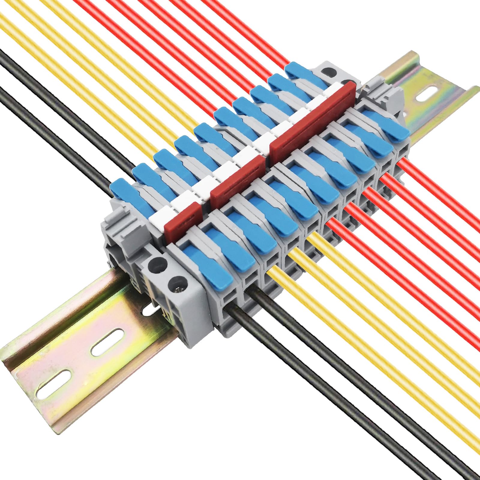 CTRICALVER DIN Rail Terminal Block Kit, 10 pcs Blue Quick Connection Terminal, with Blank Marker Strips,Securing clipand Connection bar (2P, 3P,4P,5P)
