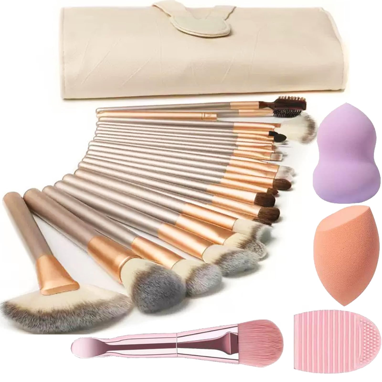 Makeup Brush Set, NEVSETPO 28PCS Make Up Brushes For Women Include 24 Makeup Brushes 2 Sponges, 1 Dual End Mask Spatula, 1 Brush Egg Cleaner, 1 Travel-Friendly Easy Clean Roll Up Makeup Bag