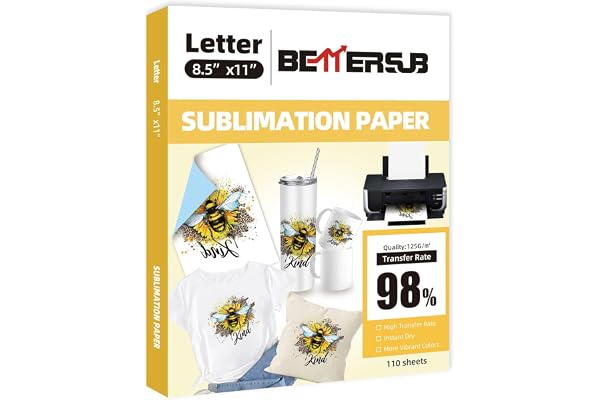 BetterSub Sublimation Paper Heat Transfer Paper 110 Sheets A4 Size 8.5" x 11" for EPSON HP Canon Inkjet Printer with Sublimat