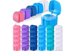 Zubebe 30 Pcs Denture Bath Retainer Case Holder Bulk with Strainer Basket Dental Cup Denture Soaking Container False Teeth Storage Box for Travel Cleaning Brace Mouth Guard, 5 Colors