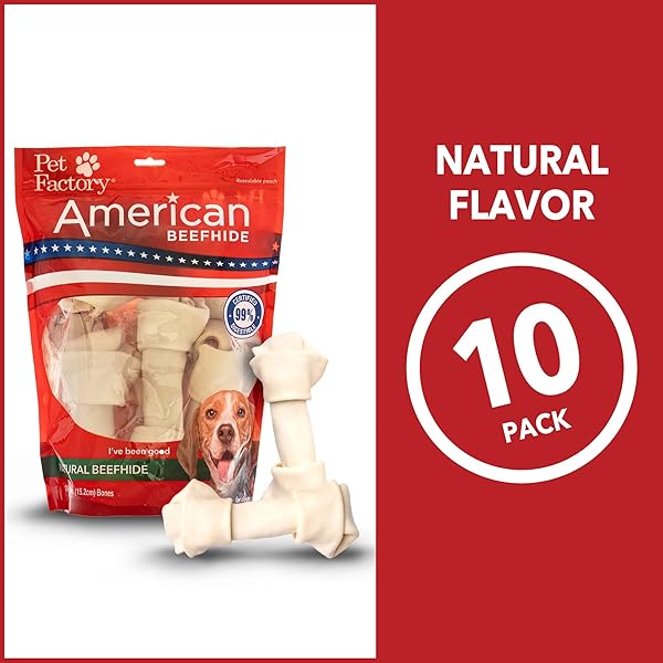 PET FACTORY AMERICAN BEEFHIDE 6-7″ KNOTTED BONES DOG CHEW TREATS – NATURAL FLAVOR, 10 COUNT/1 PACK