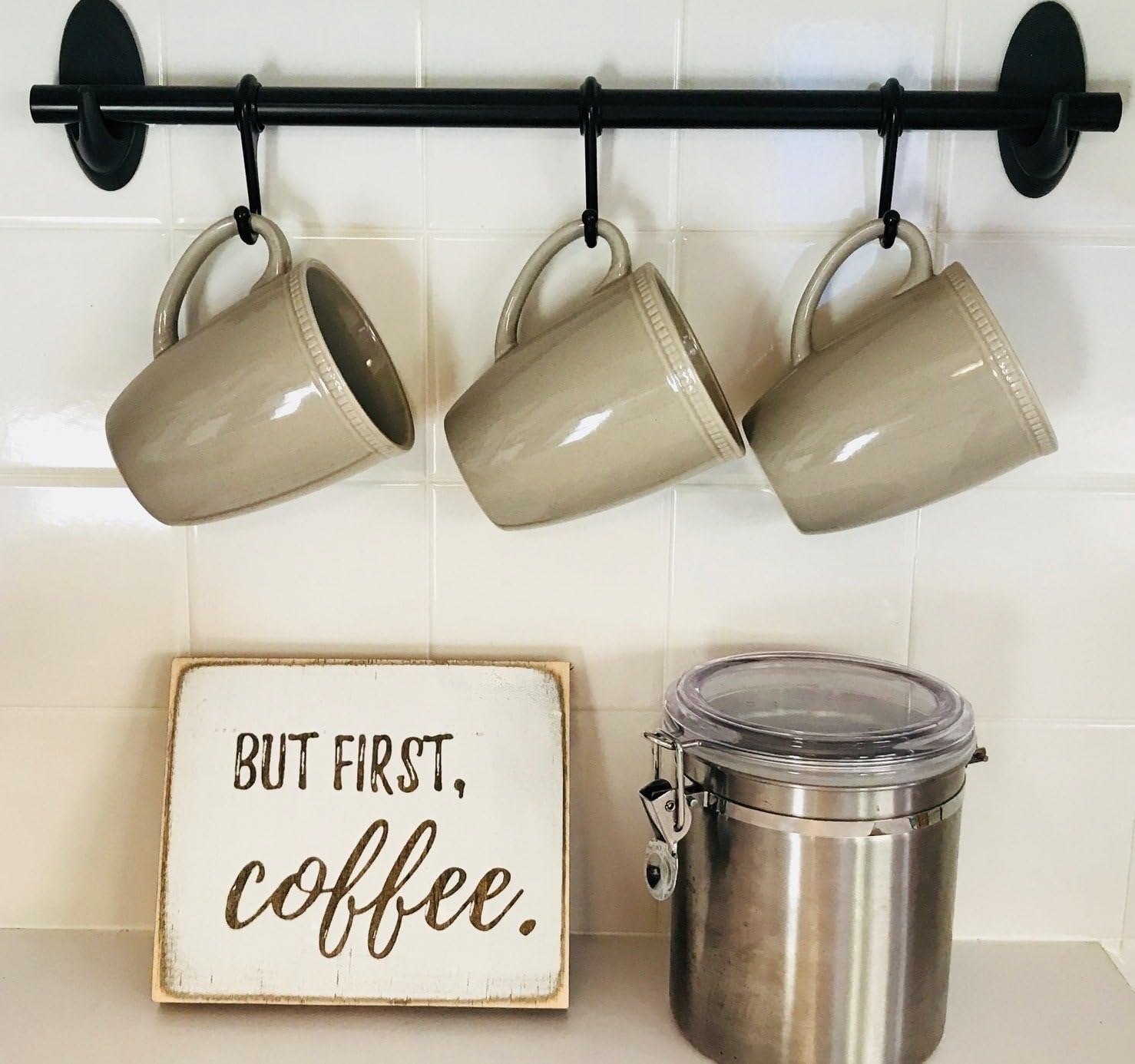 But First, Coffee Farmhouse Rustic Kitchen Home Decor Sign, White Wood Distressed Wall Art