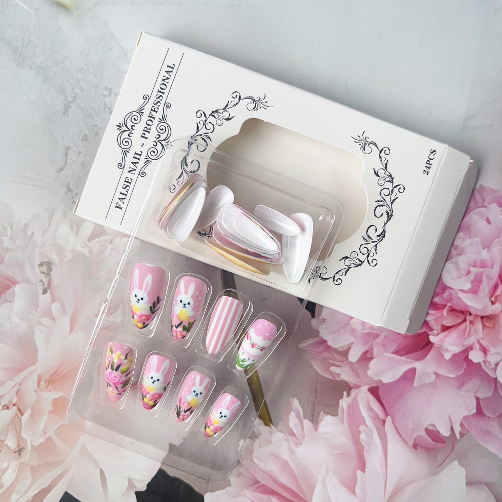 Easter Press on Nails Almond Medium Fake Nails with Cute Bunny Flower Designs Spring Acrylic Glue on Nails Easter Day Manicure False Nails Cute Stick on Nails for Women Nail Art Decoration 24Pcs - Image 5