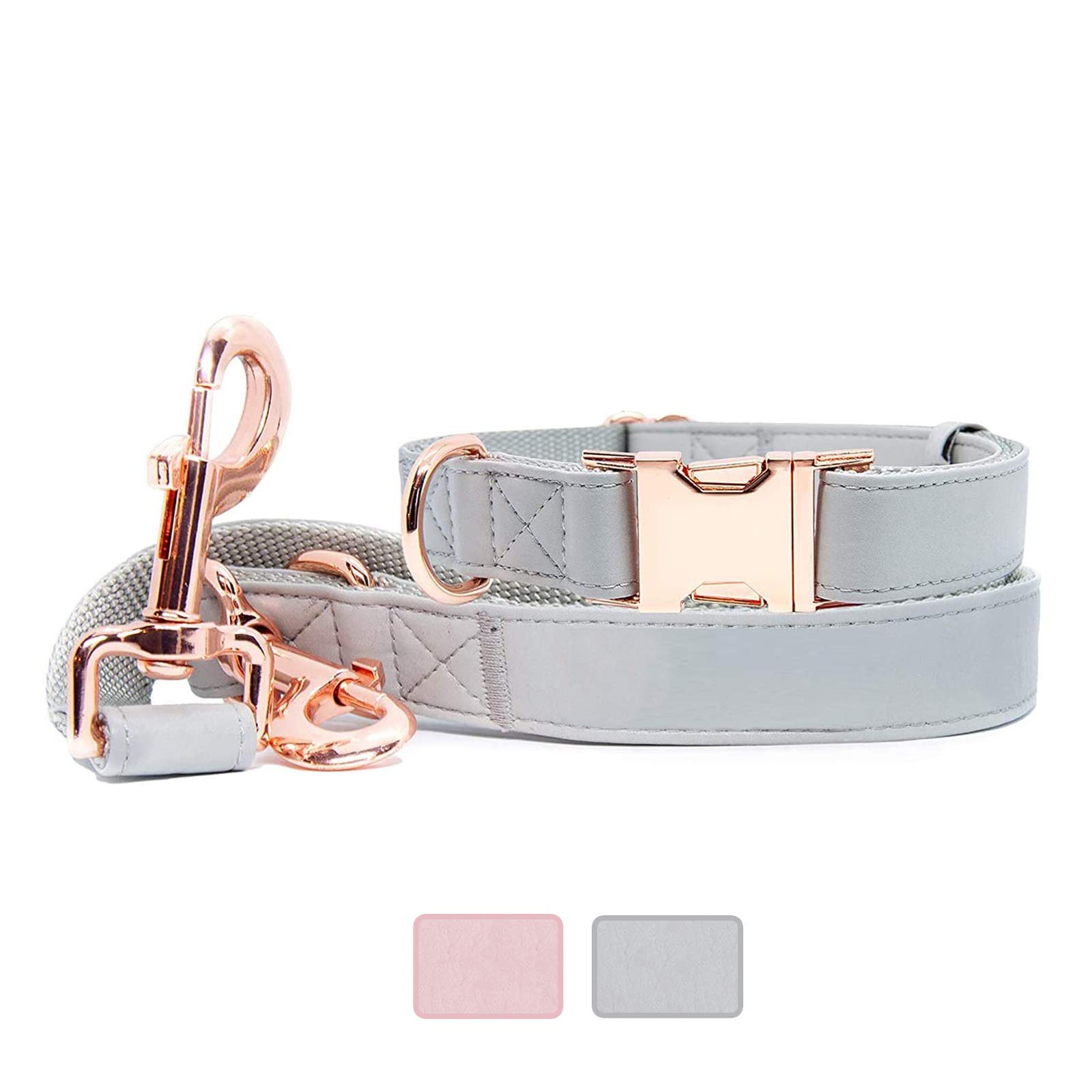 Dog Collar and Dog Leads(6.6') Set - Soft Vegan Leather with Rose Gold Metal Buckle, Adjustable 3 Lengths Leash for Small Medium Large Dogs Training & Walking (Grey;XS(8"12"))