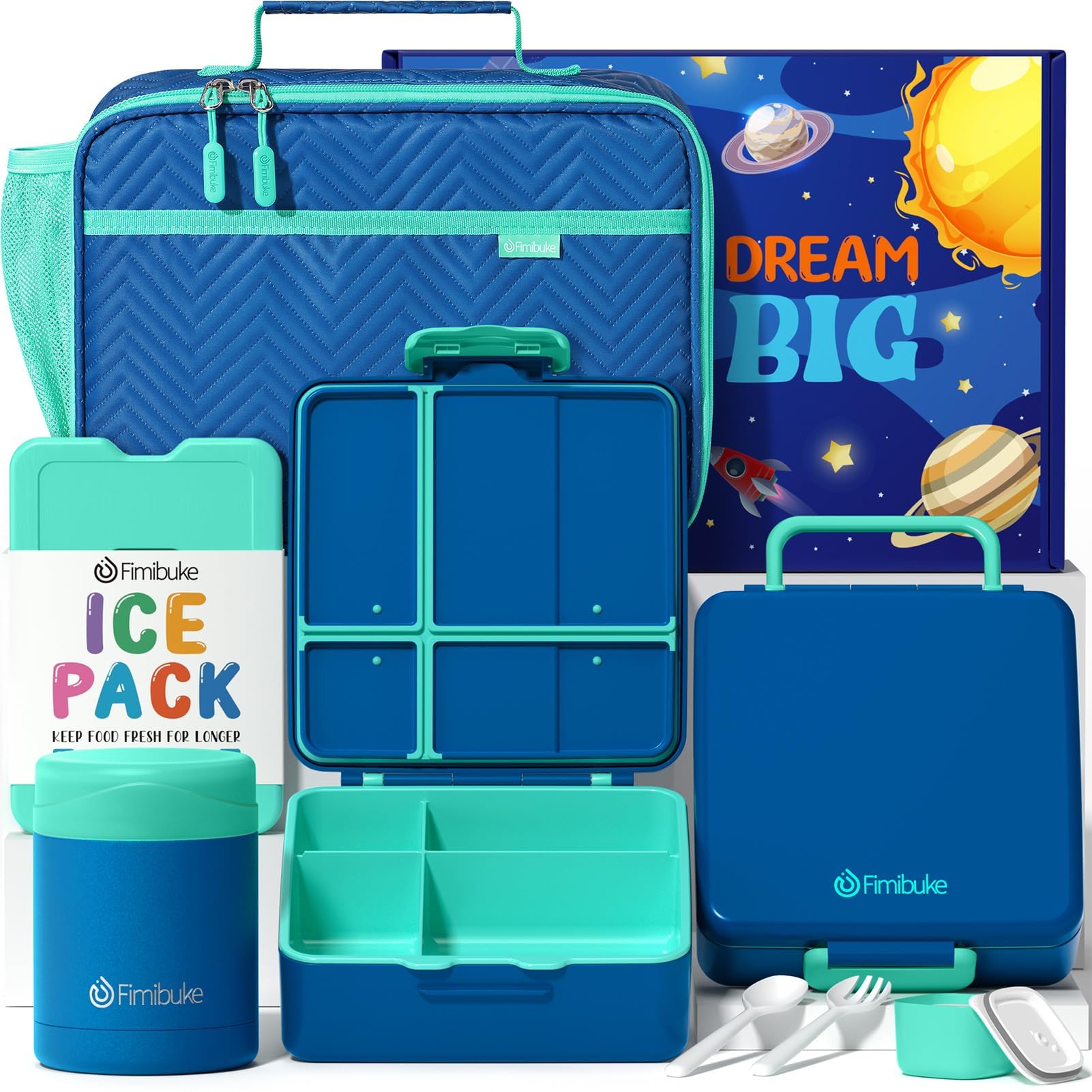Photo 1 of Fimibuke Kids Bento Snack Lunch Box with 4 Compartment, Insulated Bag, Stainless Steel Vacuum Thermos Food Jar, Ice Pack, Utensils Set, Birthday Gift for Age 3-12 Back to School Toddler Girl Boy Adult