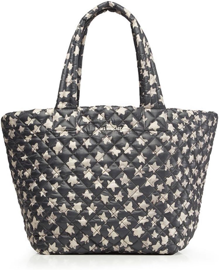 Mz Wallace Medium Metro Quilted Star Oxford Nylon Tote Grey BLACK Silver New