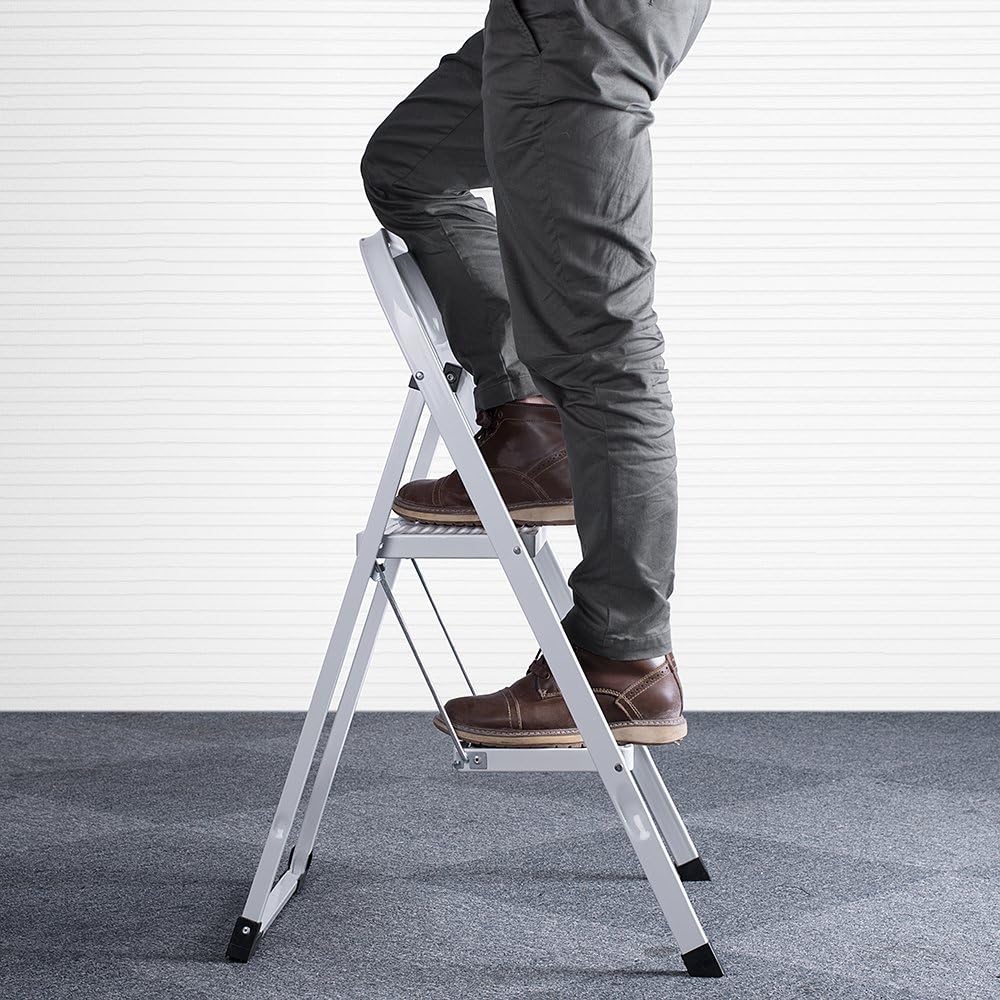 Delxo 2 Step Ladder Folding Step Stool Ladder with Handgrip Anti-Slip Sturdy and Wide Pedal Multi-Use for Household and Office Portable Step Stool Steel 300lbs White (2 feet): Kitchen & Dining